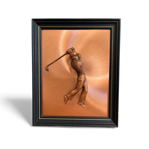 Vintage‎ Copper Tone 3d Golfer Picture Statue Framed Wall Art 13